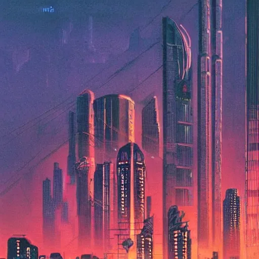 Image similar to 80's cyberpunk skyline, monolithic megastructures, beams of light, in the style of Akira