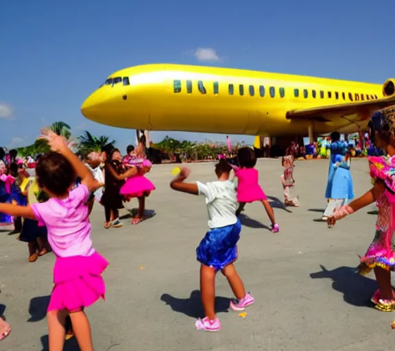 Prompt: photo of a group of children dancing infront of a big golden plane on cuba