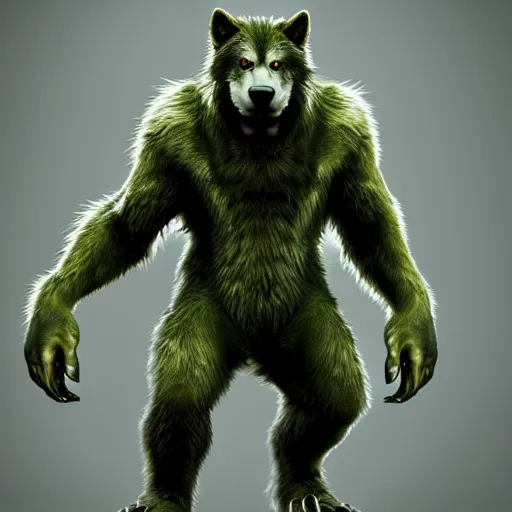 Image similar to cute handsome cuddly werewolf from van helsing unreal engine hyperreallistic render 8k character concept art masterpiece green