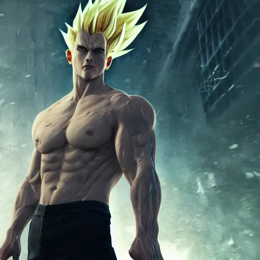 Image similar to albert wesker going super sayain, au naturel, hyper detailed, digital art, trending in artstation, cinematic lighting, studio quality, smooth render, unreal engine 5 rendered, octane rendered, art style by klimt and nixeu and ian sprigger and wlop and krenz cushart