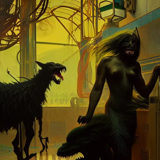 Image similar to menacing aggressive black creature made out of needles, archaic demon, in a gas station, aggressive fluorescent industrial lighting, extremely detailed digital matte painting buy Greg Rutkowski and Alphonse Mucha