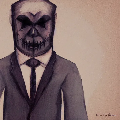 Prompt: a man in a suit and tie with a creepy face, a character portrait by christian jane fergusson, tumblr contest winner, dada, ominous, macabre, creepypasta