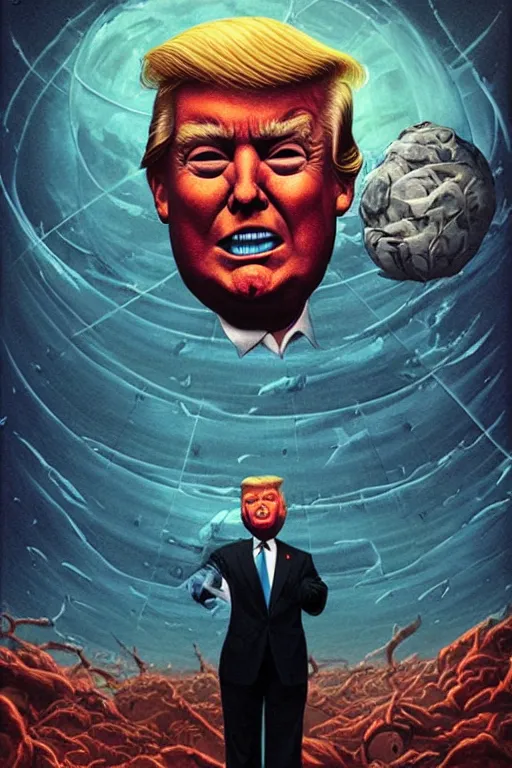 Prompt: donald trump consumes the world, disgusting, horror, high details, intricate details, by vincent di fate, artgerm julie bell beeple, 90s, inking, vintage 90s print, screen print