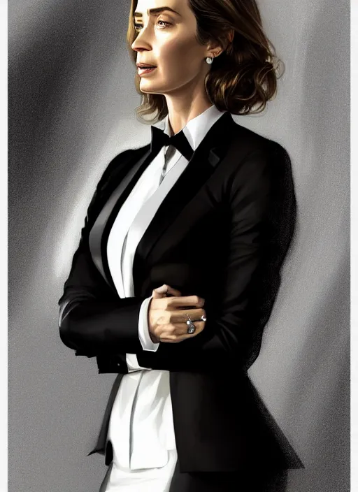 Image similar to portrait of emily blunt as business woman, black suit, white shirt, black tie, boss, intricate, headshot, highly detailed, digital painting, artstation, concept art, sharp focus, cinematic lighting, illustration, art by artgerm and greg rutkowski, alphonse mucha, cgsociety