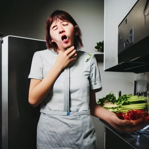 Prompt: photograph of a young woman who looks ill coughing into the open refrigerator, taken with canon eos 5 d,