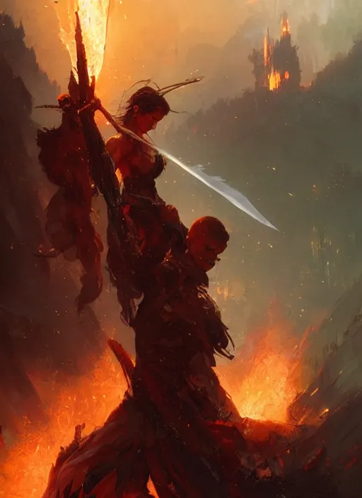 Image similar to 4k , fire sword, art by greg rutkowski, art by craig mullins, art by thomas kincade, art by Yoshitaka Amano