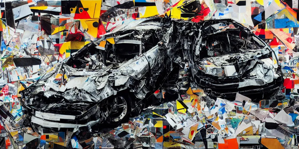 Image similar to car crash test, collage paper and tape, acrylic on canvas, hyperrealism mixed with expressionism, high resolution, cinematic, unreal 6 breathtaking detailed, by blake neubert