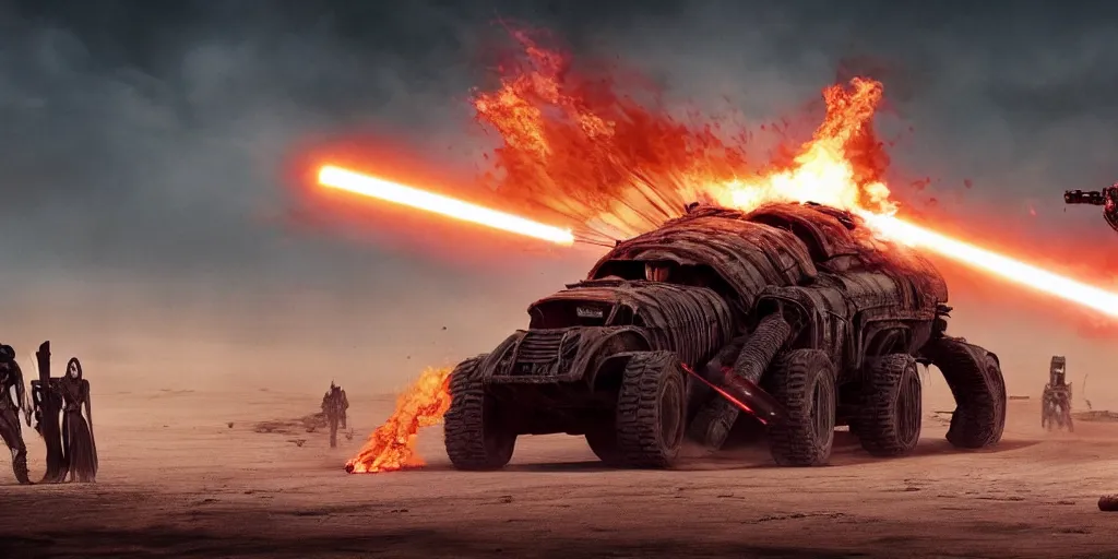 Prompt: Darth Vader standing on a driving post apocalyptic battle car in the desert and weilding a flamethrower, Mad Max Fury Road, sandstorm, fire, realistic, flags, spikes, dust