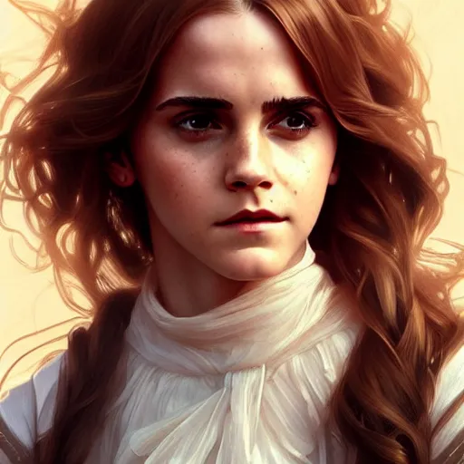 Prompt: Emma Watson as Hermione Granger. Happy. Cheerful. Western. Closeup. Fantasy. Intricate Elegant. Highly detailed. Digital painting. Artstation. Concept art. Matte. Sharp focus. Illustration. Art by Artgerm and Greg Rutkowski and Alphonse Mucha