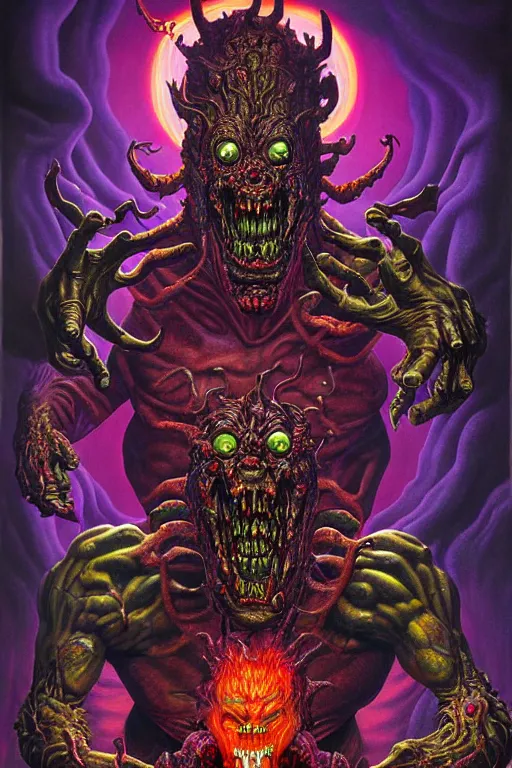 Image similar to a hyperrealistic painting of an epic boss fight against an ornate supreme dark mutant overlord, cinematic horror by chris cunningham, lisa frank, richard corben, highly detailed, vivid color,