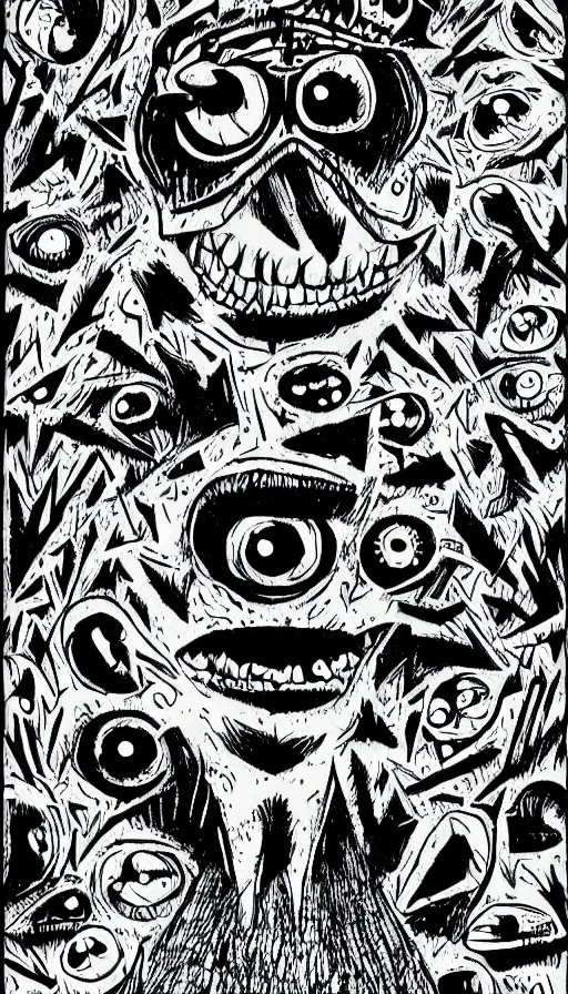 Image similar to a storm vortex made of many demonic eyes and teeth over a forest, by jhonen vasquez