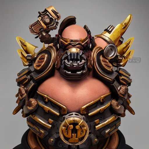Prompt: high intricate bust of overwatch roadhog carved from wood in baroque style, studio light, maria panfilova, andrea savchenko, mike kime, ludovic plouffe, qi sheng luo, oliver cook, trending on artstation