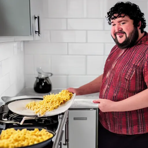 Image similar to overweight 2 0 year old with messy black hair and big beard cooks mac and cheese late at night