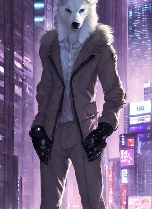 Image similar to character portrait of a male anthro albino wolf fursona with a tail and a cute beautiful attractive detailed furry face wearing stylish cyberpunk clothes in a cyberpunk city at night while it rains. hidari, color page, tankoban, 4K, tone mapping, Akihiko Yoshida.