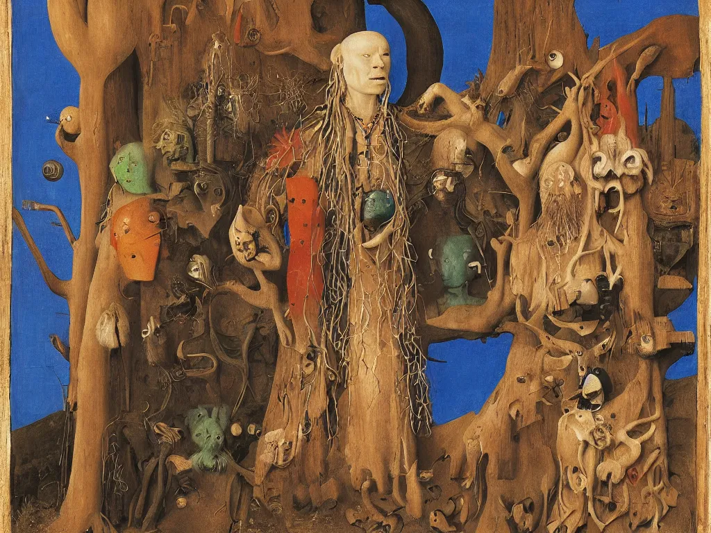 Prompt: Portrait of albino mystic with blue eyes, with wooden old shamanic totemic Oceanian archaic mask, sculpture. Painting by Bosch, Jan van Eyck, Audubon, Rene Magritte, Agnes Pelton, Max Ernst, Walton Ford