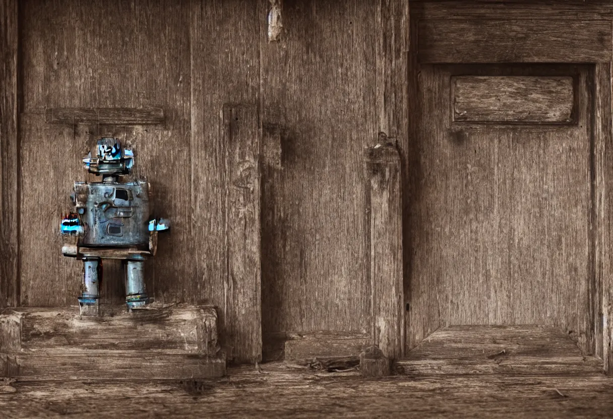 Image similar to An intimate extreme closeup photograph of a single lonely robot sitting on a aged wooden rocking chair in front of a single beautiful fireplace in a dilapidated Victorian home