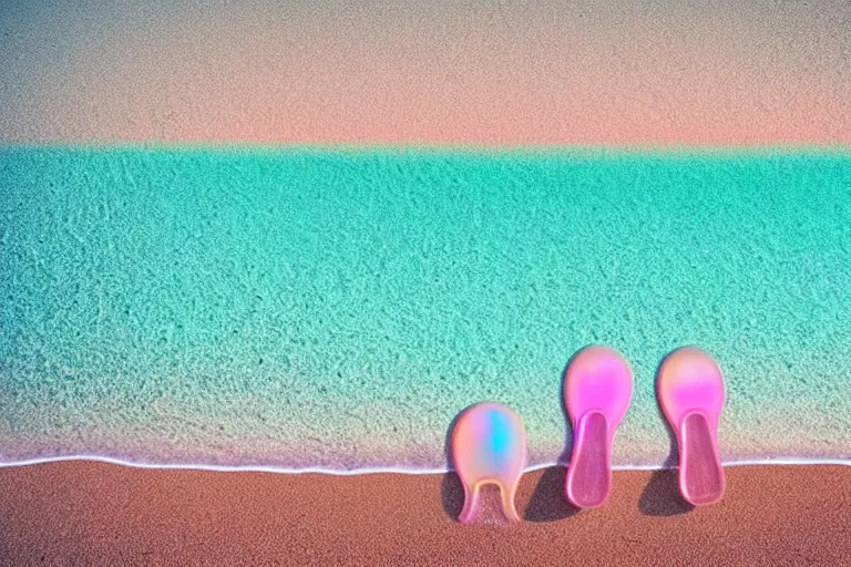 Image similar to a vintage family holiday photo of an empty beach from an alien dreamstate world with pastel pink iridescent!! sand, reflective metallic water and sunbathing equipment at dusk. refraction, volumetric, light.