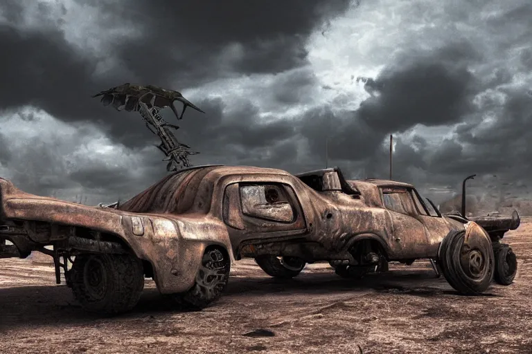 Prompt: ultra realist 3d soft paint of a single gothic four wheel vehicle fully armored, Mad Max and Fallout, symmetry accurate features, very intricate details, ominous sky, volumetric light clouds, post apocalyptic background