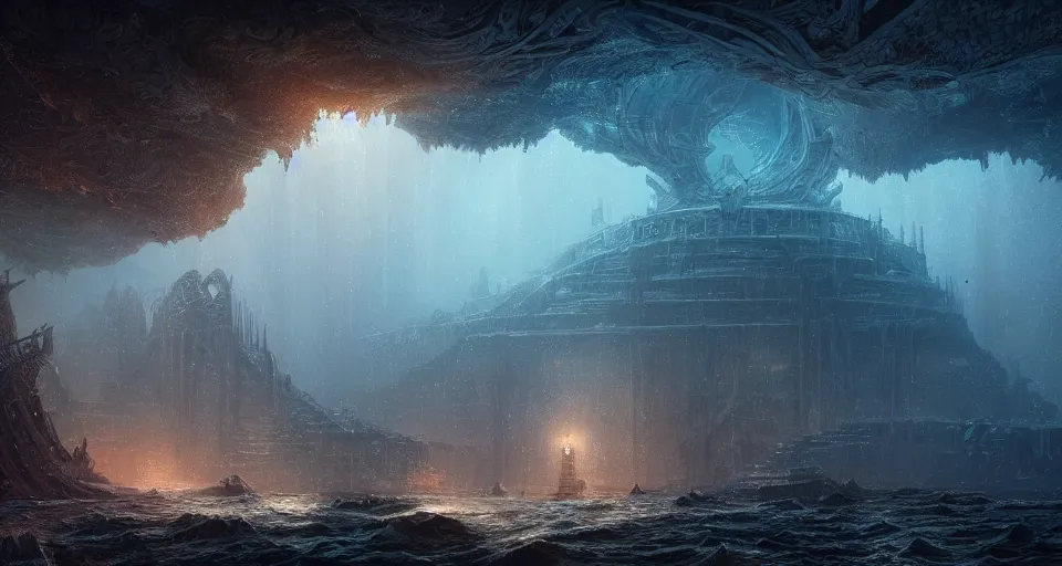 Image similar to atlantide, the lost underwater city, cthulhu, intricate, elegant, glowing lights, highly detailed, digital painting, artstation, concept art, smooth, sharp focus, illustration, loneliness, great space, greg rutkowski, 8 k, very high resolution, astrophotography, processing, extremely hyperdetailed