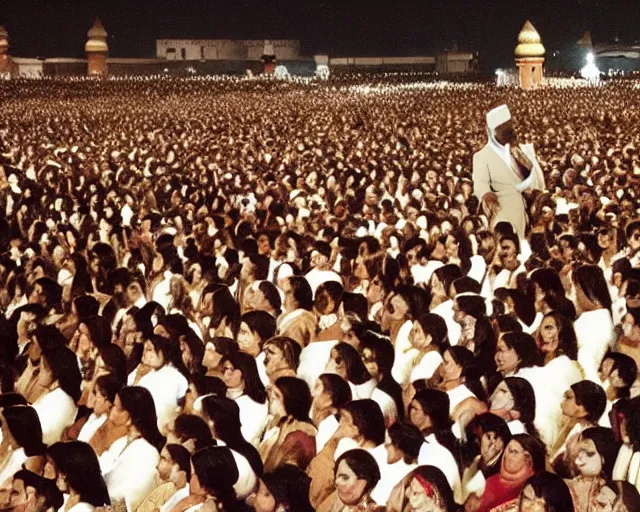 Prompt: a brown man with 10,100 adoring wives. the sultan is floating in the sky.