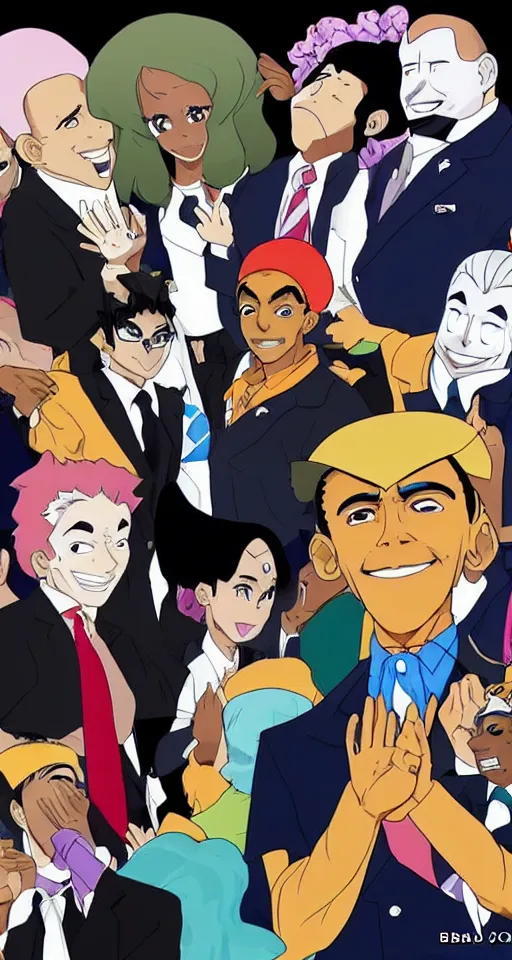 Prompt: barrack obama anime in the style of jojo's bizarre adventure david productions