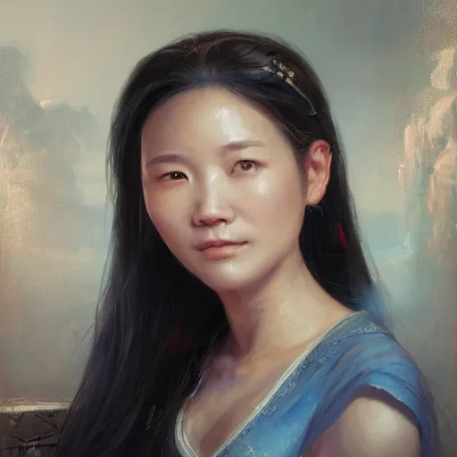 Image similar to portrait of an amis woman ( 3 5 ) from taiwan in 2 0 2 1, an oil painting by ross tran and thomas kincade