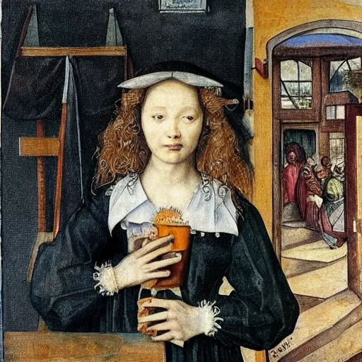 Prompt: A supermodel in a Starbucks, painted by Albrecht Dürer