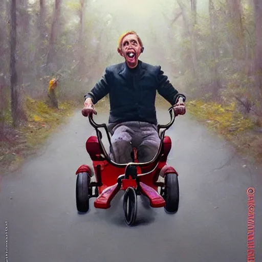 Image similar to hyper realistic absurd, silly, making insane faces, steve buscemi / john waters riding a tiny tricycle, painted by greg rutkowski, wlop, artgerm