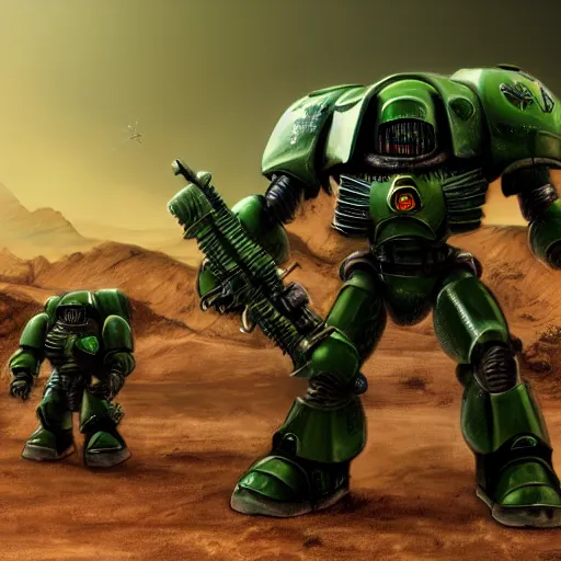 Prompt: dark angels chapter space marine terminator squad fighting a gigantic insectoid alien, 4 k, octane render, extremely detailed, martian landscape