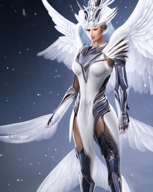 Image similar to perfect white haired attractive egyptian goddess with huge white dove wings, warframe armor, beautiful, symmetric, dreamy, half asian, pretty face, blue eyes, detailed, scifi platform, laboratory, experiment, 4 k, ultra realistic, epic lighting, android body, illuminated, cinematic, masterpiece, art by akihito tsukushi, voidstar