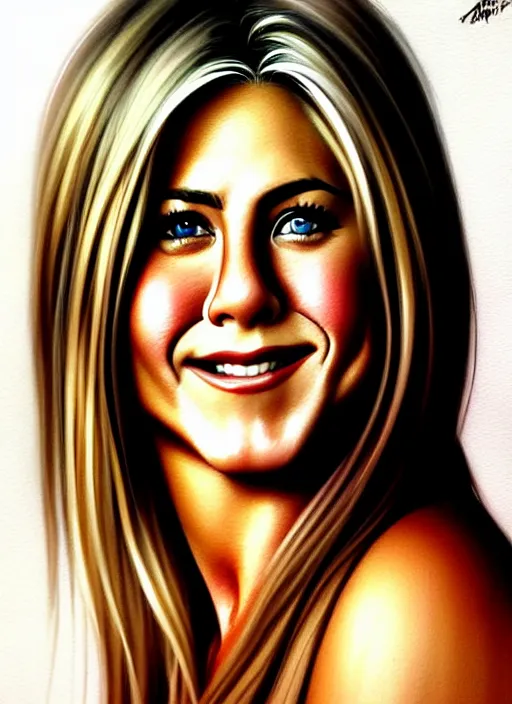 Prompt: portrait of cute jennifer aniston as a bit chubby young woman, painted by stanley artgerm, sleek curves, sharp focus, trending on artstation hq, deviantart