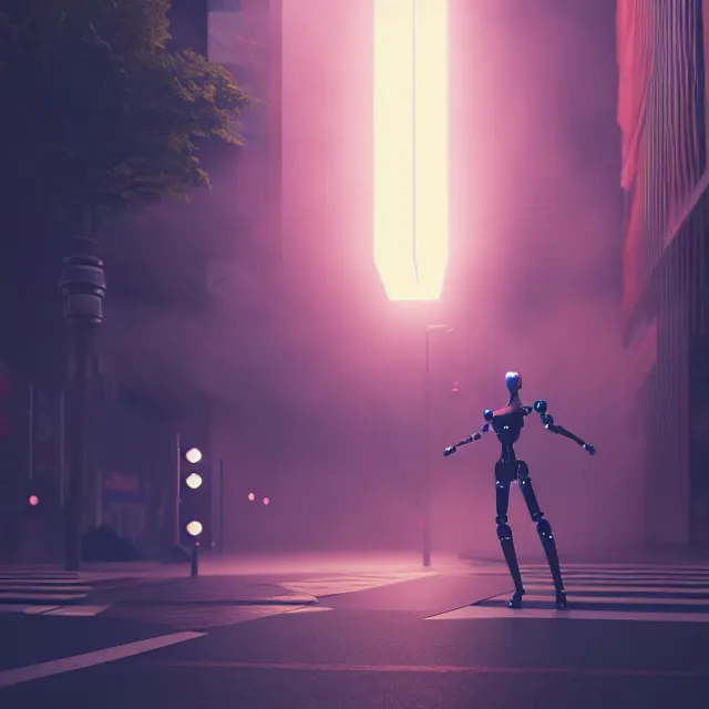 Image similar to robot woman approaching, detailed face, shibuya prefecture, cinematic lighting, fog mist smoke, photorealistic, night photography, octane render by tomino - sama