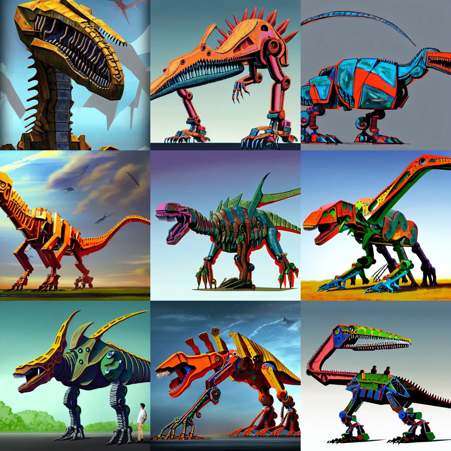 Prompt: mechanized colorful giant robot made from real dinosaurs, legs made from diplodocus, arms made from tyrannosaurs, head made from pterodactyl, concept art