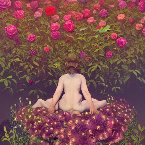 Image similar to hyper detailed illustration - surreal flowers bushes everywhere, long petals, entangled foliage, glowing blossoms, huge blossoms, generative art by James Jean, Masterpiece, Edward Hopper and James Gilleard, Ross Tran, Mark Ryden, Wolfgang Lettl, hints of Yayoi Kasuma, surreal