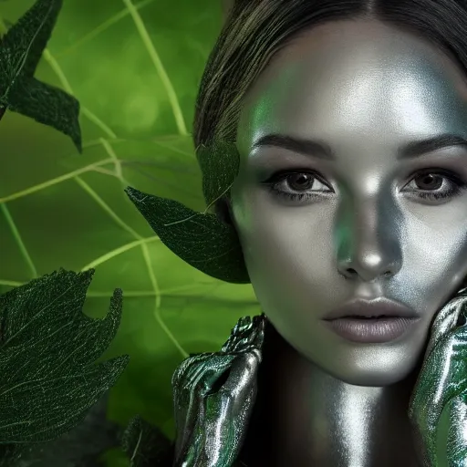 Image similar to a highly detailed digital image of a silver covered elegantly posed futuristic woman beautifully cocooned in green leafy foliage like leaves shot, full body shot, by Andrew Chiampo, artstation, and Frederik Heyman, extremely detailed woman, stunning volumetric lighting, hyper realism, fantasy 4k