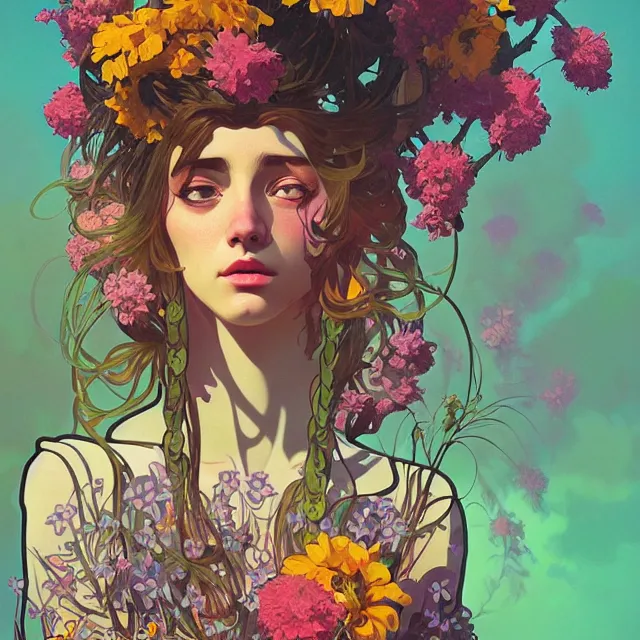 Prompt: a beautiful portrait painting of a ( stoner ) girl covered with flowers by simon stalenhag and pascal blanche and alphonse mucha!! and nekro!! and josan gonzalez in style of digital art. colorful comic, film noirs, symmetry, brush stroke, vibrating colors, hyper detailed. octane render. trending on artstation