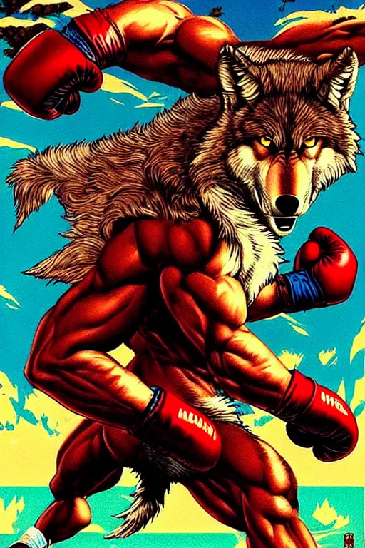 Image similar to extreme long shot. 8 bit nes graphics. antropomorphic muscular masculine wolf. kickboxer fighter, in shorts. wolf head. fine details, very sharp, art from nes game cartridge, 8 0's, vhs artefacts, vaporwave style, marc simonetti and hermann nitsch.