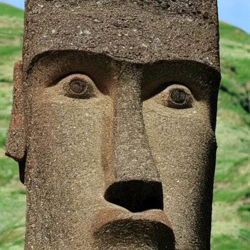 Prompt: Front Facing Easter Island Head zoomed in cartoonish