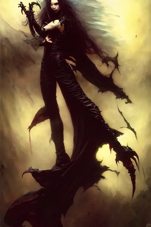 Image similar to dark evil female vampire action pose by raymond swanland, gaston bussiere, simon bisley, anna podedworna, ayami kojima, greg rutkowski, maxim verehin