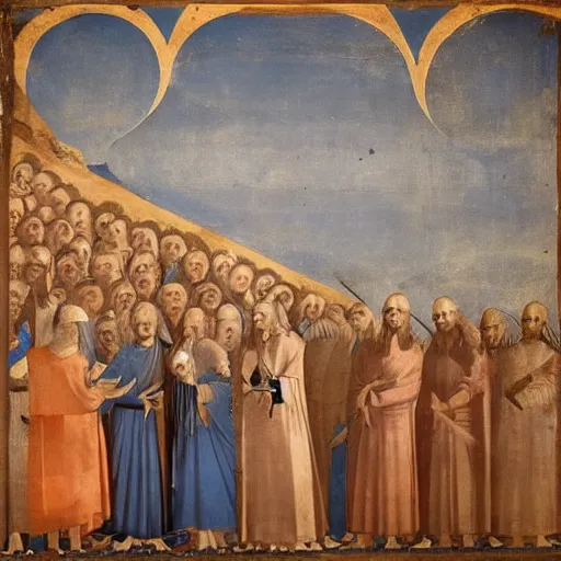 Prompt: Thelema God Morgante the Demon stands above the small townfolk leering with enormous eye fresco by giotto