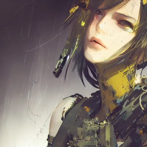 Image similar to highly detailed portrait of a post-cyberpunk young lady by Akihiko Yoshida, Greg Tocchini, 4k resolution, Nier inspired, yellow, black, brown and cyan color scheme