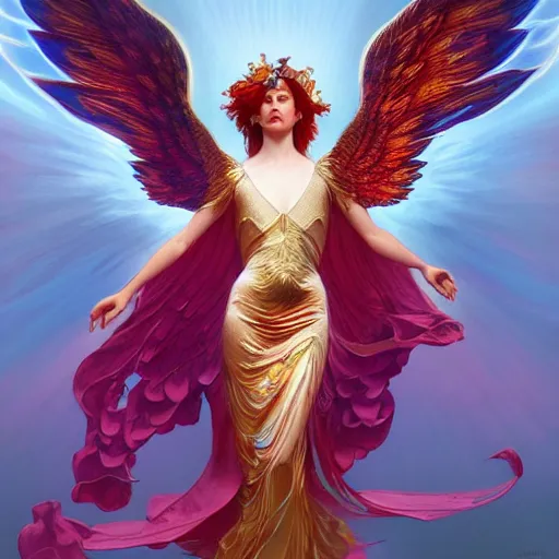 Image similar to a beautiful orchid phoenix angel woman, in an ornamented dress with large wings, volumetric light, god rays, 8 k high resolution, rubies, by greg rutkowski, artgerm, alphonse mucha