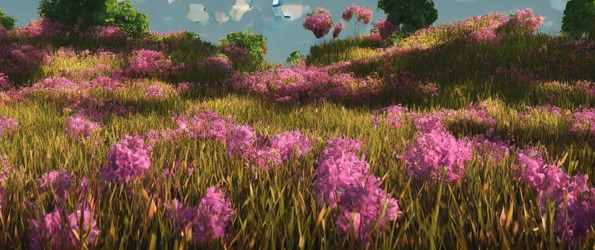 Prompt: 3 d render low poly art, flowers, field of dreams, unreal engine, dreamy, bokeh