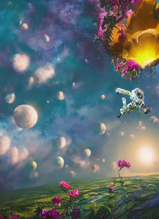 Image similar to An epic fantastic realism comic book style painting of the most beautiful flowers launched into space, bouquets, fisheye lens, unreal 5, DAZ, hyperrealistic, stars in the night sky, octane render, dynamic lighting