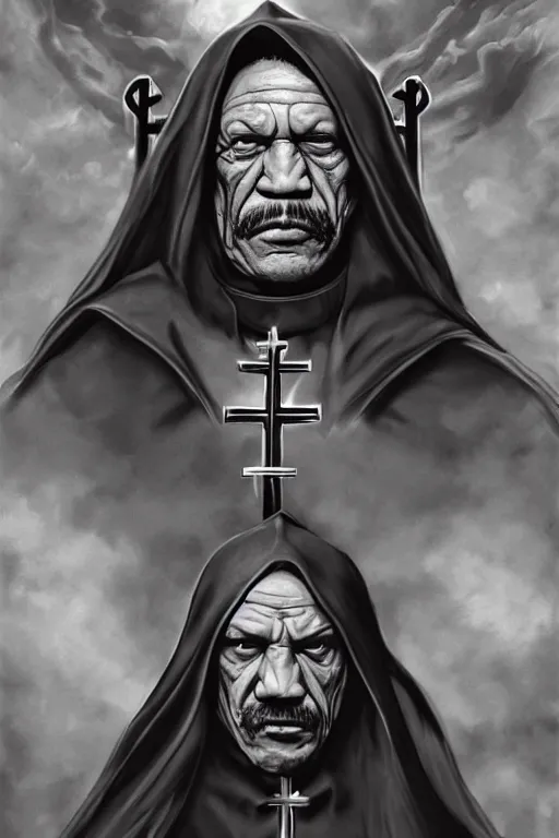 Image similar to Danny Trejo as church nun, dark fantasy, highly detailed, artstation, manga illustration by Kentaro Miura berserk