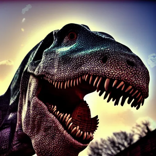 Image similar to dinosaur smoking a cigarette in their mouth realistic hdr professional shot