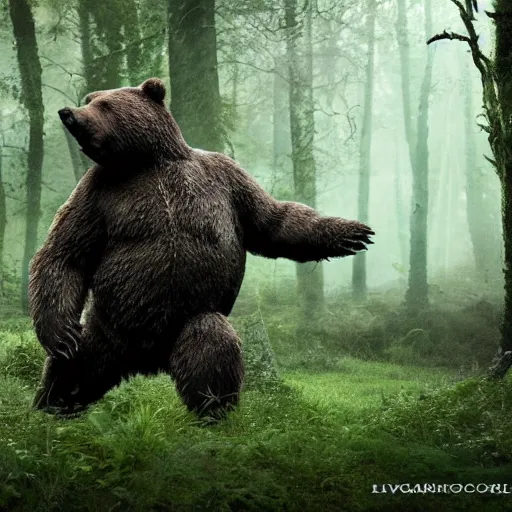 Image similar to a large bear-shaped lovecraftian monster running quickly through a woodland, magical forest, fantasy, Ireland, England, king Arthur, Lord of the rings, cinematic, realistic style, beautiful, majestic, dramatic lighting, early morning, dawn CGsociety, realistic, hyper maximalist, golden ratio, octane render, rule of thirds, wide shot , 8k resolution, epic volumetric light, cinematography, concept art, Artstation trending, environments, fantasy