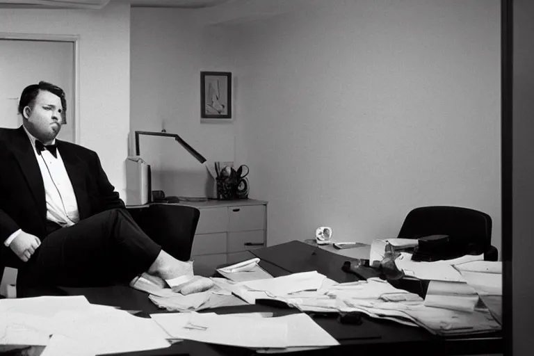 Image similar to cinematic film still from 1994 film: portly clean-shaven white man wearing suit and necktie at his desk. He has his right leg and foot propped up on his desk. XF IQ4, f/1.4, ISO 200, 1/160s, 8K, RAW, dramatic lighting, symmetrical balance, in-frame