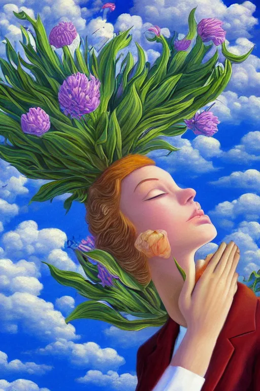 Image similar to closeup, giant flower head, woman in suit, clouds in sky, surreal, impressionist painting, digital painting, artstation, rob gonsalves