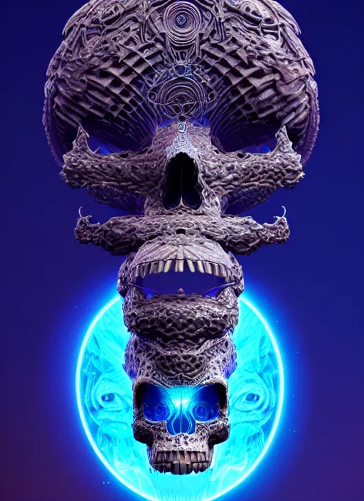 Image similar to 3 d goddess profile portrait, sigma 5 0 0 mm f / 5. beautiful intricate highly detailed quetzalcoatl skull and feathers. bioluminescent, plasma, lava, ice, water, wind, creature, thunderstorm! artwork by tooth wu and wlop and beeple and greg rutkowski, 8 k trending on artstation,